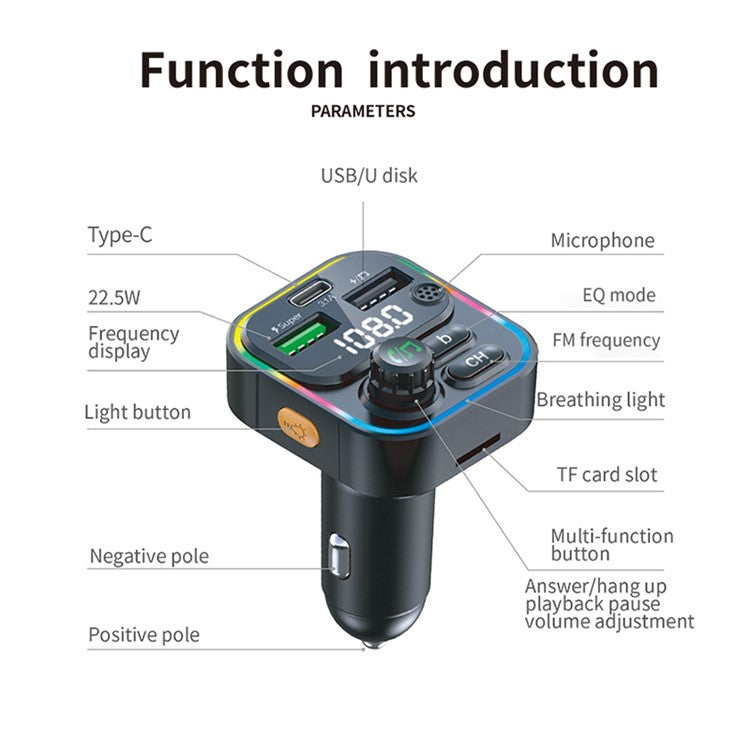 C16 22.5W 4.5A Bluetooth FM MP3 Player Multi-Function Flash Charging Car Charger Support QC3.0 Fast Charging