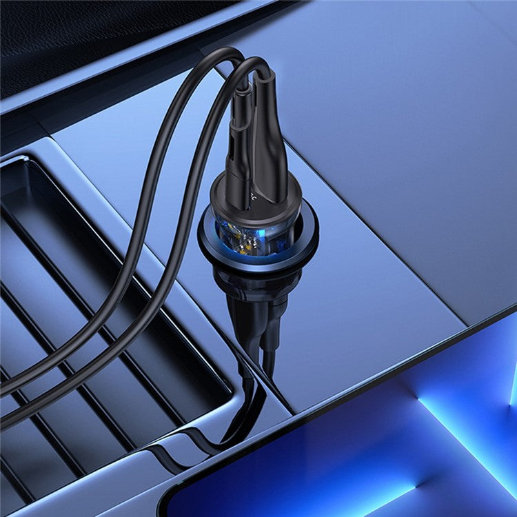 USAMS US-CC164 C32 PD 30W Fast Charger Transparent USB-A + Type-C Mini Car Charger with Blue Backlight - Black