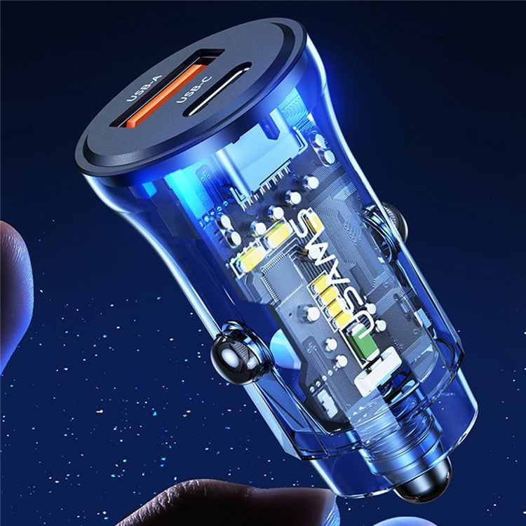 USAMS US-CC164 C32 PD 30W Fast Charger Transparent USB-A + Type-C Mini Car Charger with Blue Backlight - Black