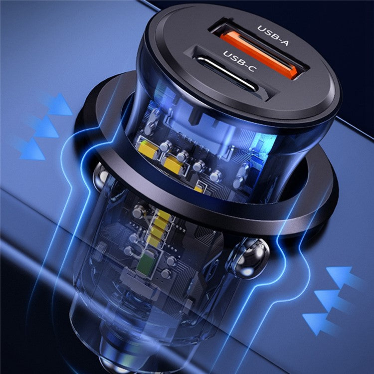 USAMS US-CC164 C32 PD 30W Fast Charger Transparent USB-A + Type-C Mini Car Charger with Blue Backlight - Black