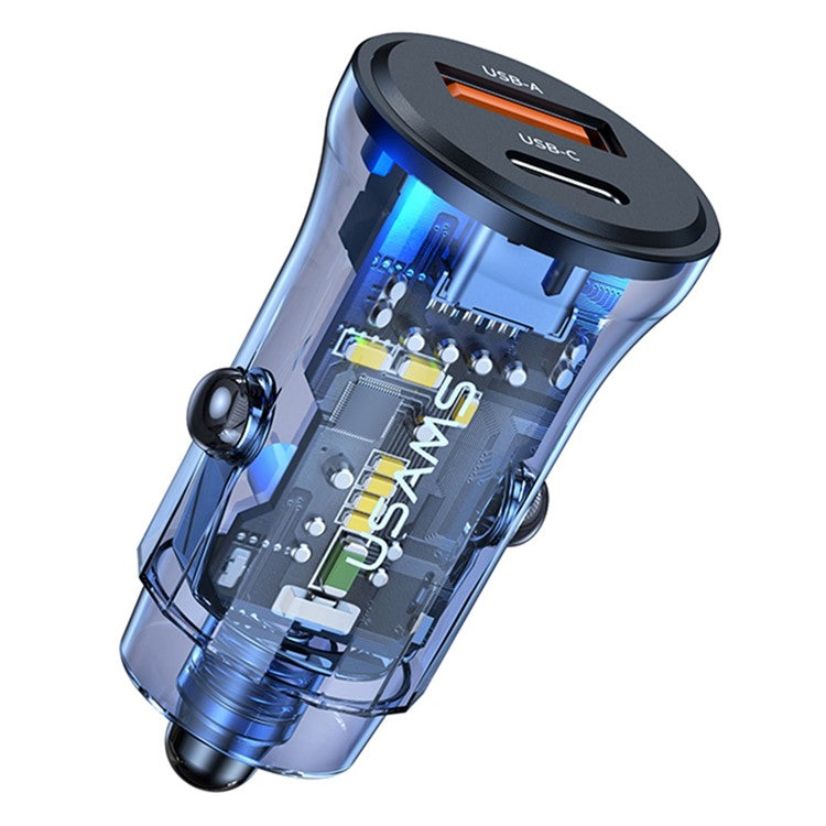 USAMS US-CC164 C32 PD 30W Fast Charger Transparent USB-A + Type-C Mini Car Charger with Blue Backlight - Black