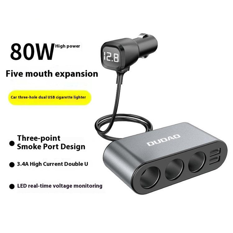 DUDAO R1Pro 80W Car Charger 2 USB Ports + 3 Cigarette Lighter Sockets Adapter