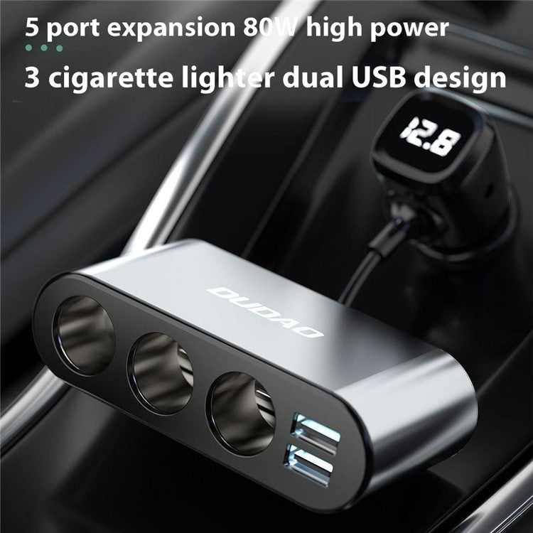 DUDAO R1Pro 80W Car Charger 2 USB Ports + 3 Cigarette Lighter Sockets Adapter