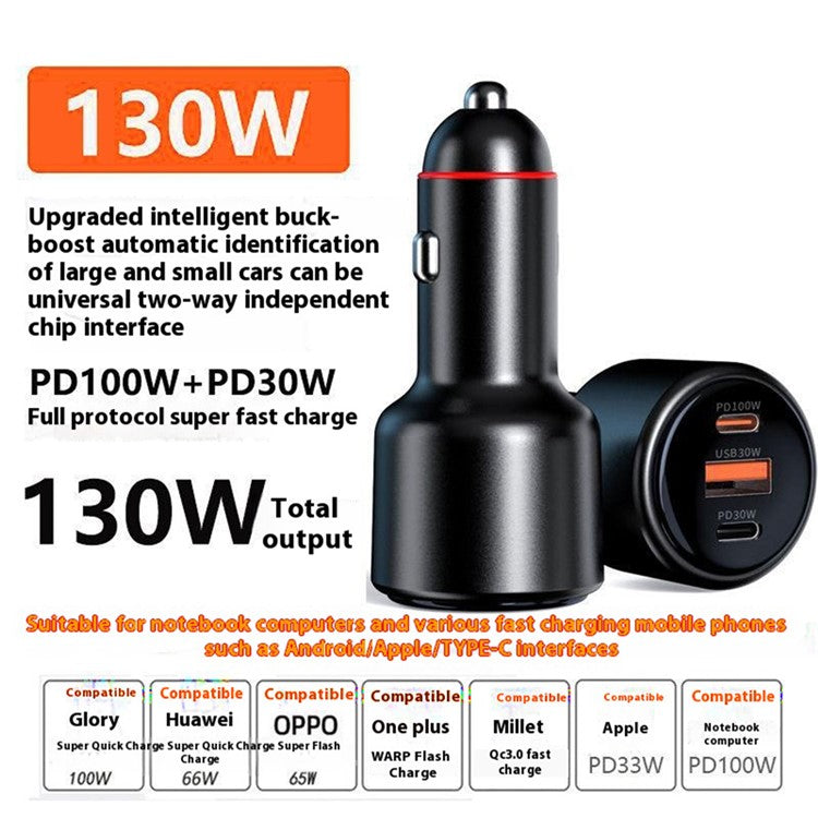 USB + Dual Type-C Phone Fast Charging Adapter PD 100W + PD 30W Aluminum Alloy Car Charger