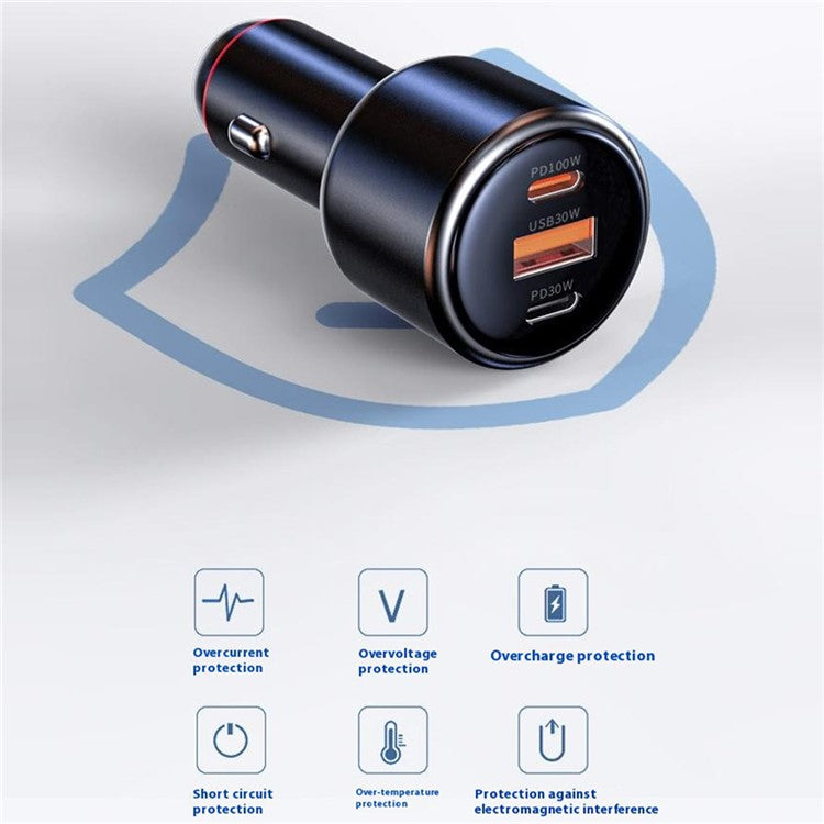 USB + Dual Type-C Phone Fast Charging Adapter PD 100W + PD 30W Aluminum Alloy Car Charger