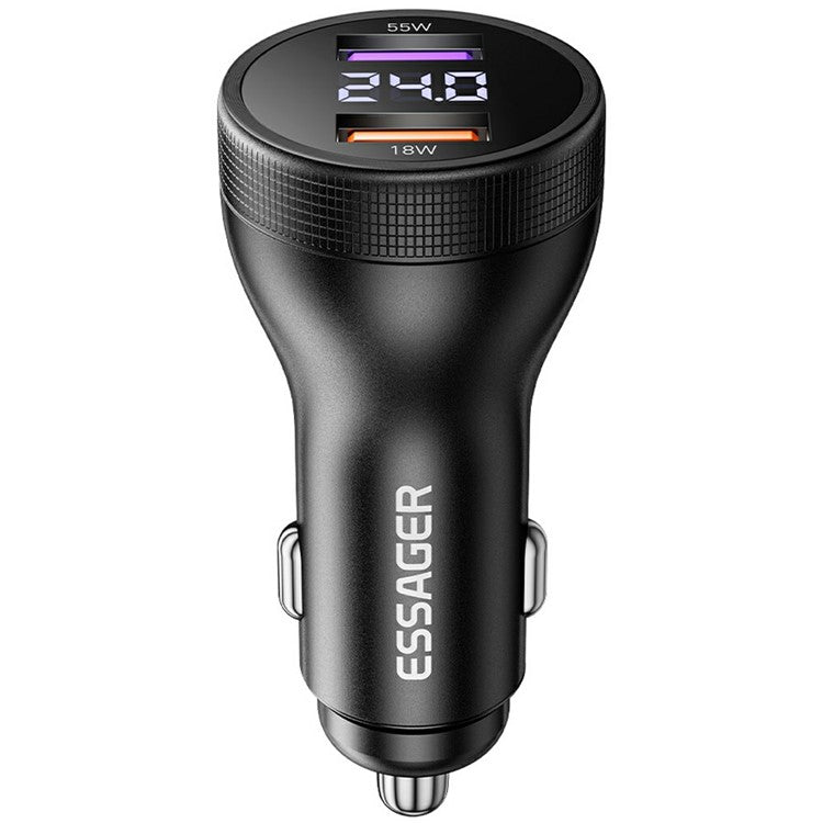 ESSAGER Portable 73W Digital Display Car Charger Dual USB A Ports Fast Charging Adapter - Black