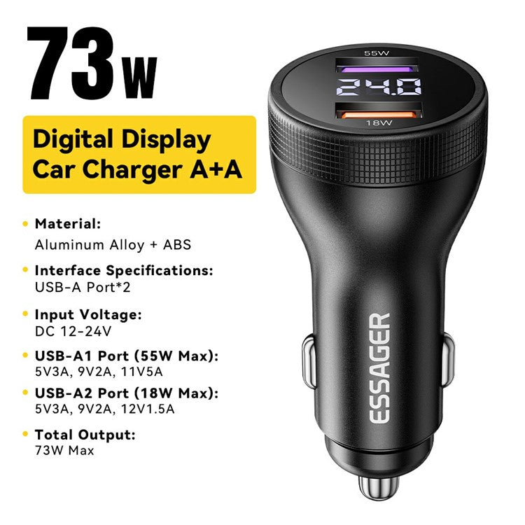 ESSAGER Portable 73W Digital Display Car Charger Dual USB A Ports Fast Charging Adapter - Black