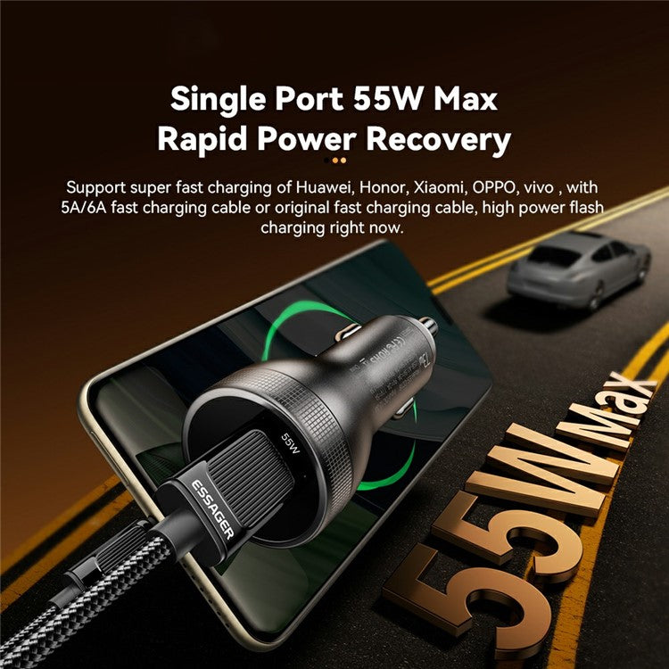 ESSAGER Portable 73W Digital Display Car Charger Dual USB A Ports Fast Charging Adapter - Black