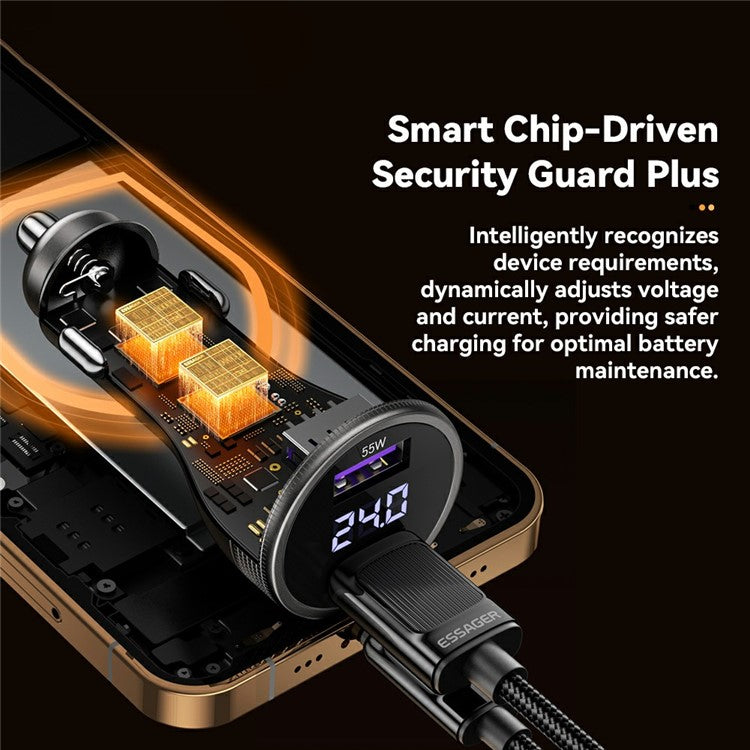 ESSAGER Portable 73W Digital Display Car Charger Dual USB A Ports Fast Charging Adapter - Black