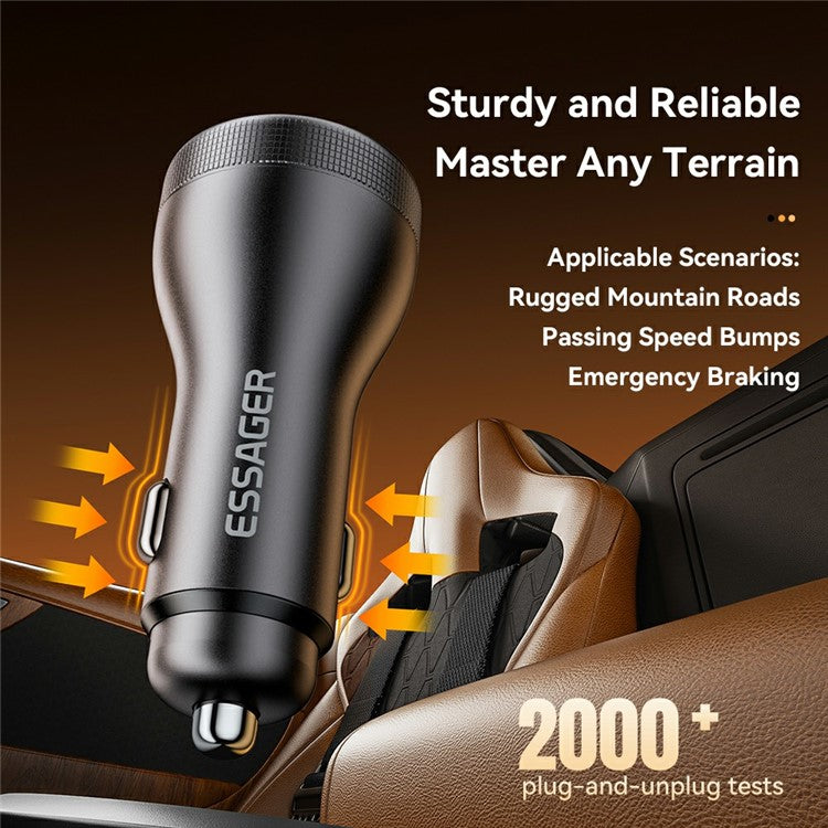 ESSAGER Portable 73W Digital Display Car Charger Dual USB A Ports Fast Charging Adapter - Black