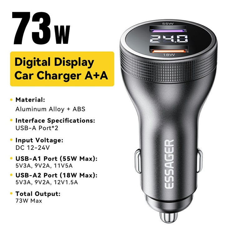 ESSAGER Portable 73W Digital Display Car Charger Dual USB A Ports Fast Charging Adapter - Tarnish Grey