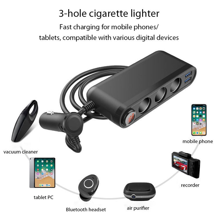 120W 3 USB Ports QC3.0 Car Charger 3 Cigarette Lighter Sockets Digital Display Charging Adapter with Switch