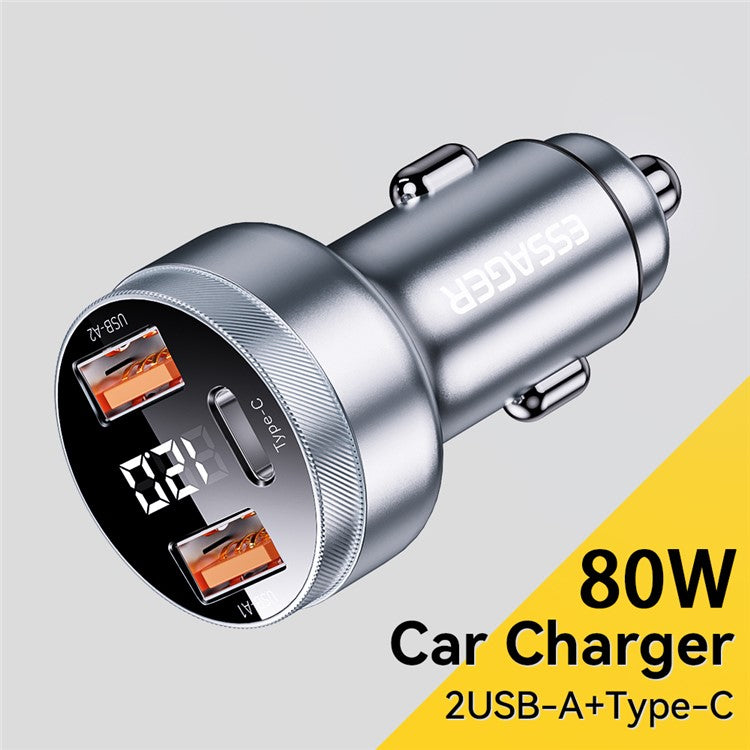 ESSAGER 80W Digital Display Car Charger 2 USB-A+USB-C Cigarette Lighter Fast Charger