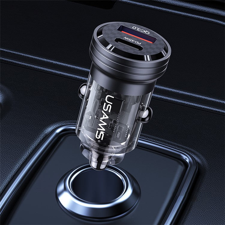 USAMS US-CC175 C35 45W Car Charger Aluminum Alloy Transparent USB-A+USB-C Mini Car Charger with Light - Black