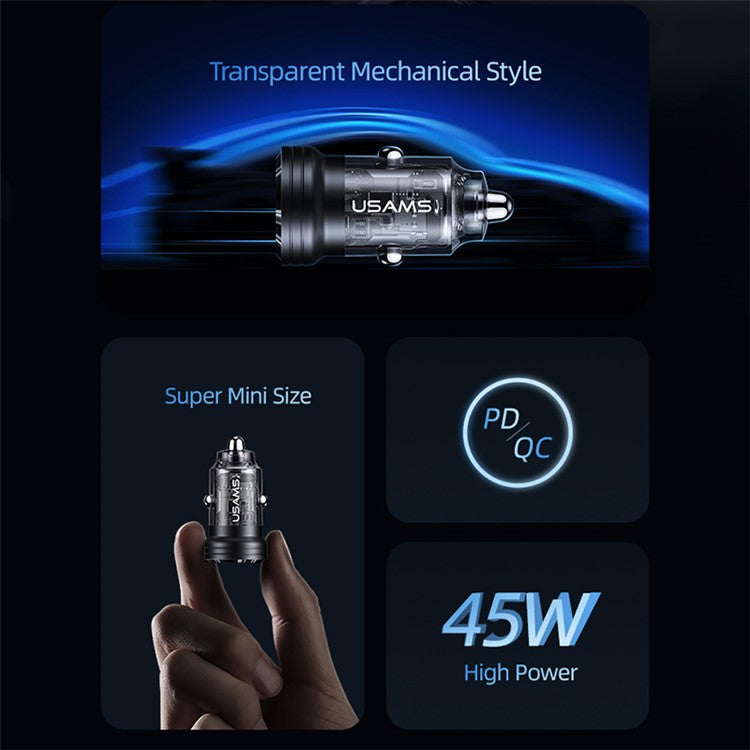 USAMS US-CC175 C35 45W Car Charger Aluminum Alloy Transparent USB-A+USB-C Mini Car Charger with Light - Black