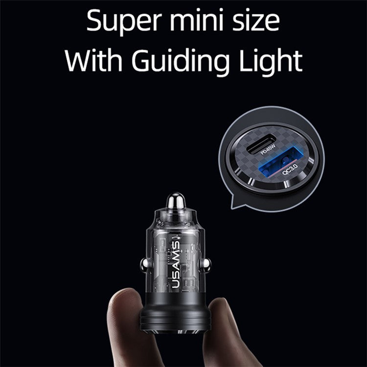 USAMS US-CC175 C35 45W Car Charger Aluminum Alloy Transparent USB-A+USB-C Mini Car Charger with Light - Black