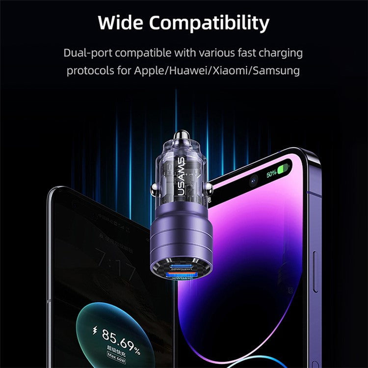 USAMS US-CC176 C36 95W USB-A+USB-C Car Charger Transparent Mini Fast Car Charger with Light - Black