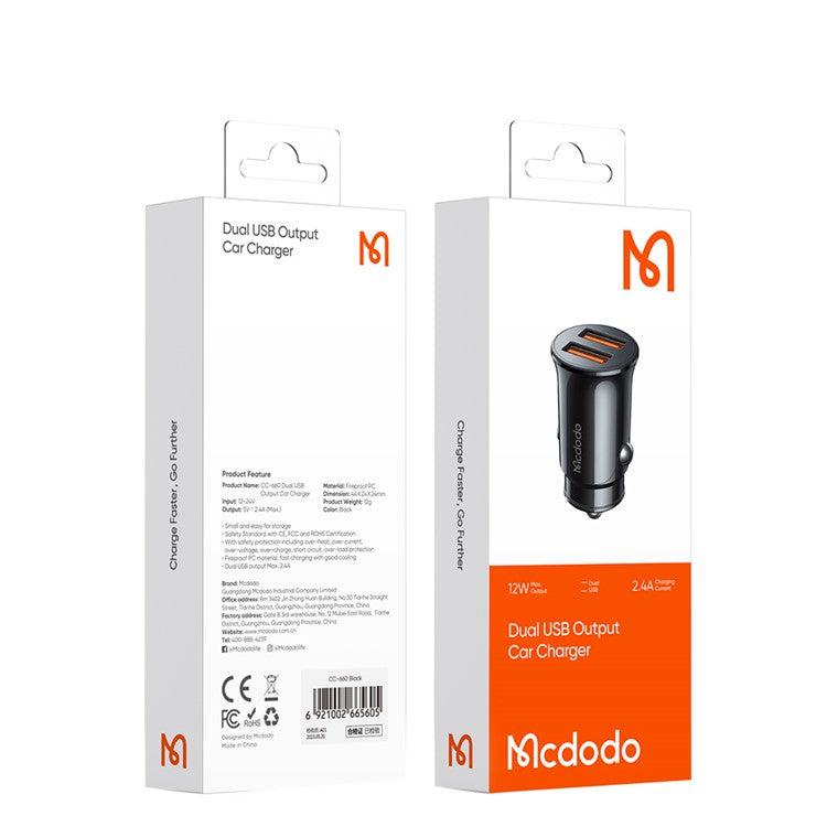 MCDODO CC-6602 5V / 2.4A Dual Port USB Car Charger Aluminum Alloy Portable Charging Adapter, Black