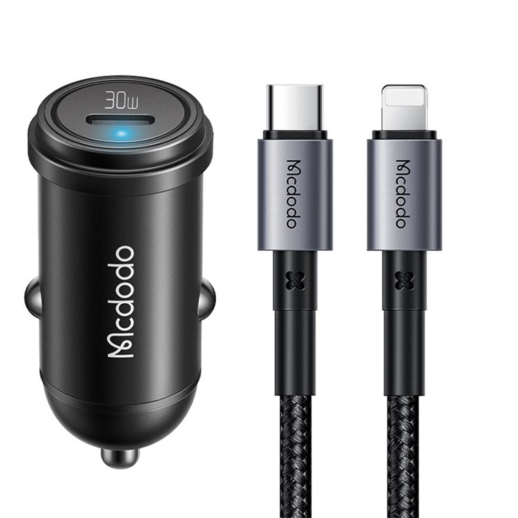 MCDODO CC-7492 MDD USB-C Car Charger 30W Fast Charging Socket Mini Phone Charger with Lightning Cable - Black