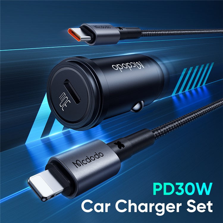 MCDODO CC-7492 MDD USB-C Car Charger 30W Fast Charging Socket Mini Phone Charger with Lightning Cable - Black