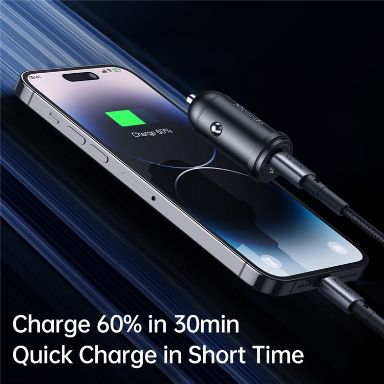 MCDODO CC-7492 MDD USB-C Car Charger 30W Fast Charging Socket Mini Phone Charger with Lightning Cable - Black