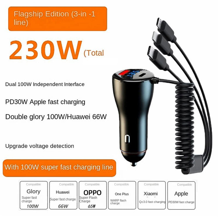 PD 30W Fast Car Charger with 100W Super Fast Charging Cable Multi-Function Cigarette Lighter 230W Car Charger Adapter