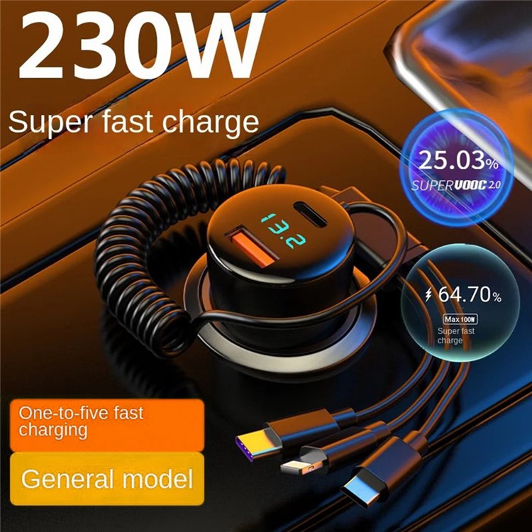 PD 30W Fast Car Charger with 100W Super Fast Charging Cable Multi-Function Cigarette Lighter 230W Car Charger Adapter