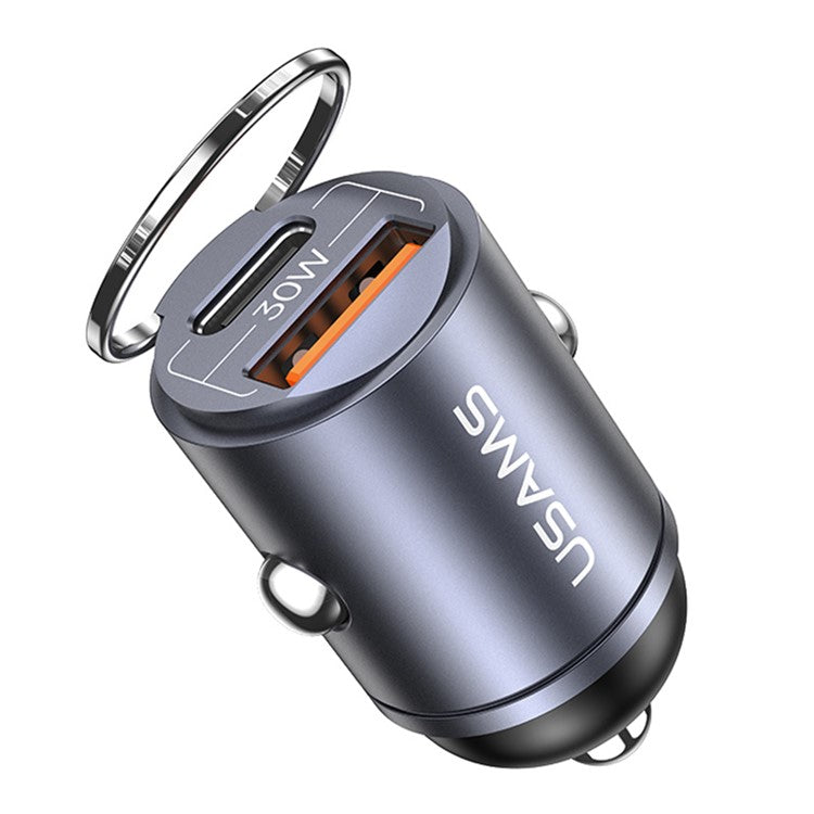 USAMS US-CC206 C38 PD 30W USB A+C Fast Charging Aluminum Alloy Car Charger with Pull Ring - Dark Grey