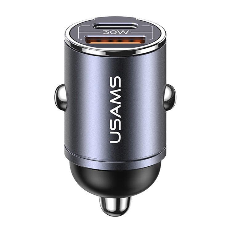 USAMS US-CC206 C38 PD 30W USB A+C Fast Charging Aluminum Alloy Car Charger with Pull Ring - Dark Grey