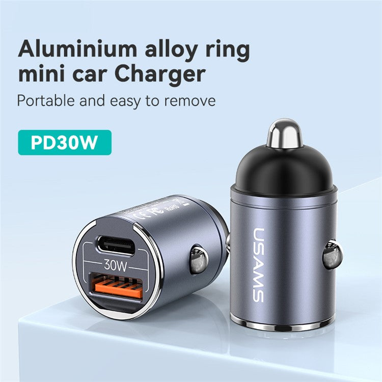 USAMS US-CC206 C38 PD 30W USB A+C Fast Charging Aluminum Alloy Car Charger with Pull Ring - Dark Grey