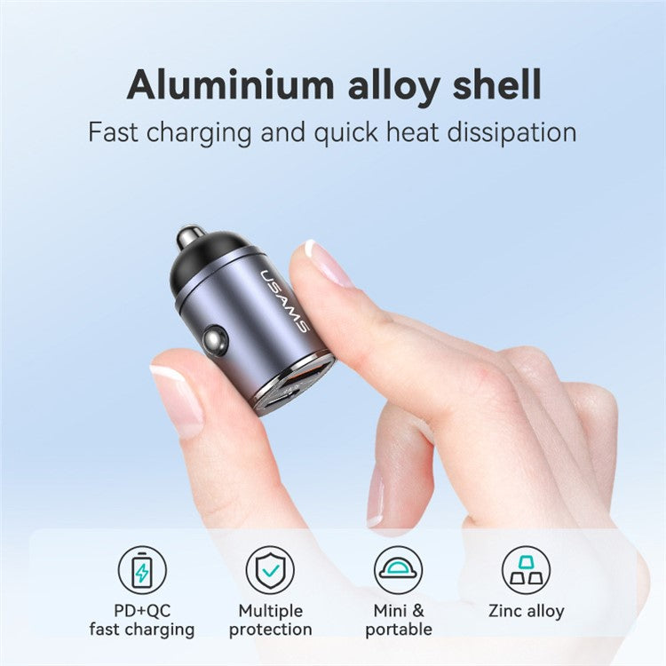 USAMS US-CC206 C38 PD 30W USB A+C Fast Charging Aluminum Alloy Car Charger with Pull Ring - Dark Grey