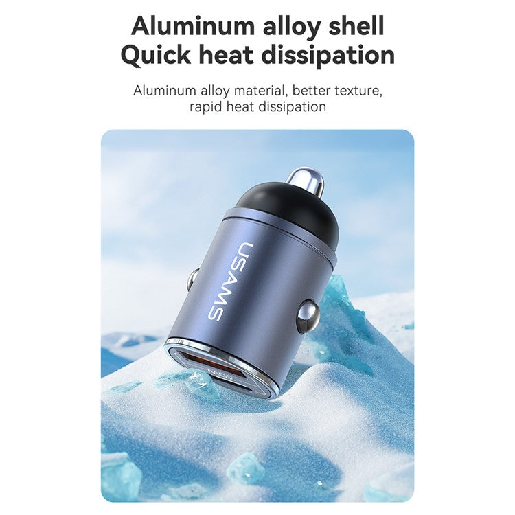 USAMS US-CC206 C38 PD 30W USB A+C Fast Charging Aluminum Alloy Car Charger with Pull Ring - Dark Grey