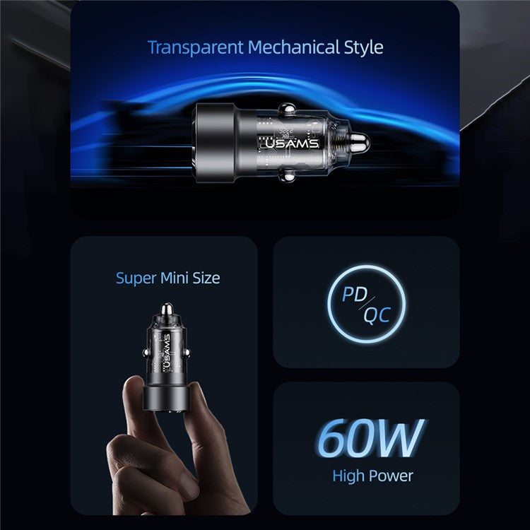 USAMS US-CC208 C39 60W USB+Type-C Fast Charge Adapter PC+Aluminum Alloy Transparent Car Charger - Black