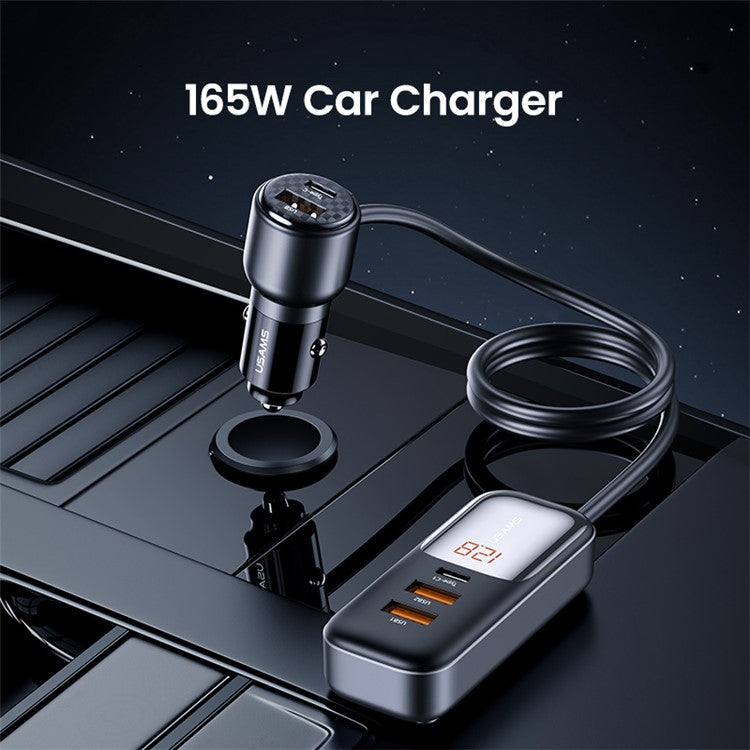 USAMS US-CC213 C40 165W Quick Charging Adapter Digital Display 2*Type-C 3*USB Car Charger with Cable