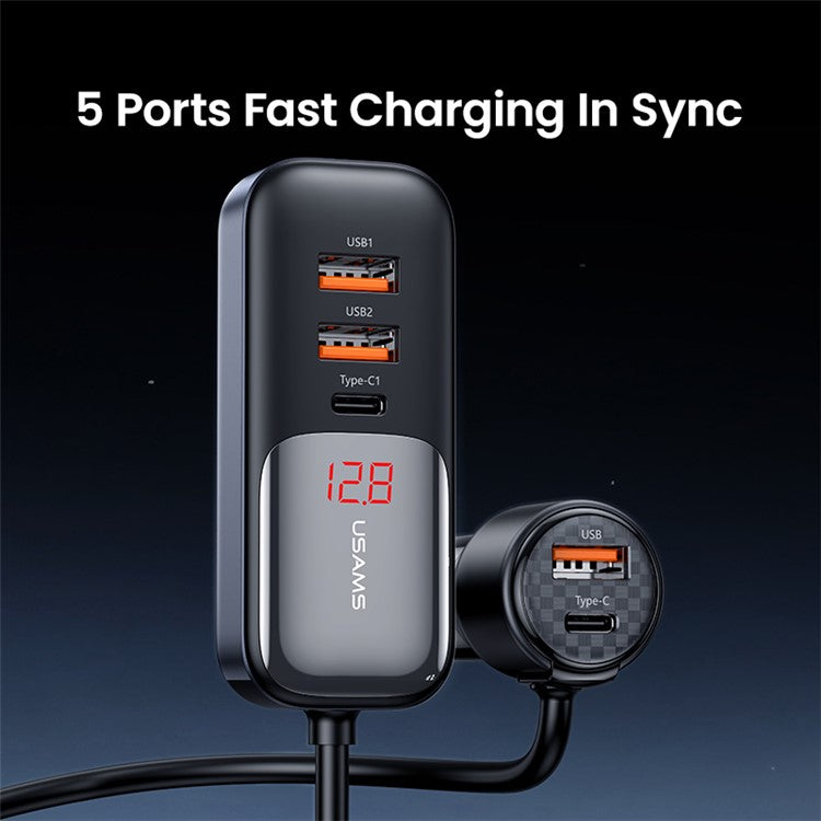 USAMS US-CC213 C40 165W Quick Charging Adapter Digital Display 2*Type-C 3*USB Car Charger with Cable