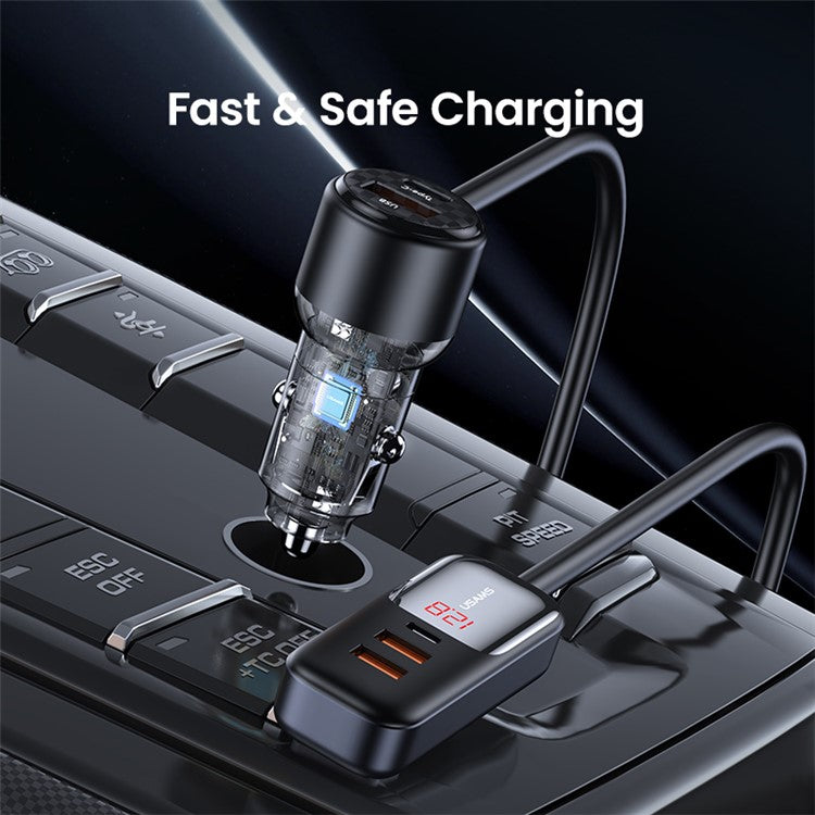 USAMS US-CC213 C40 165W Quick Charging Adapter Digital Display 2*Type-C 3*USB Car Charger with Cable