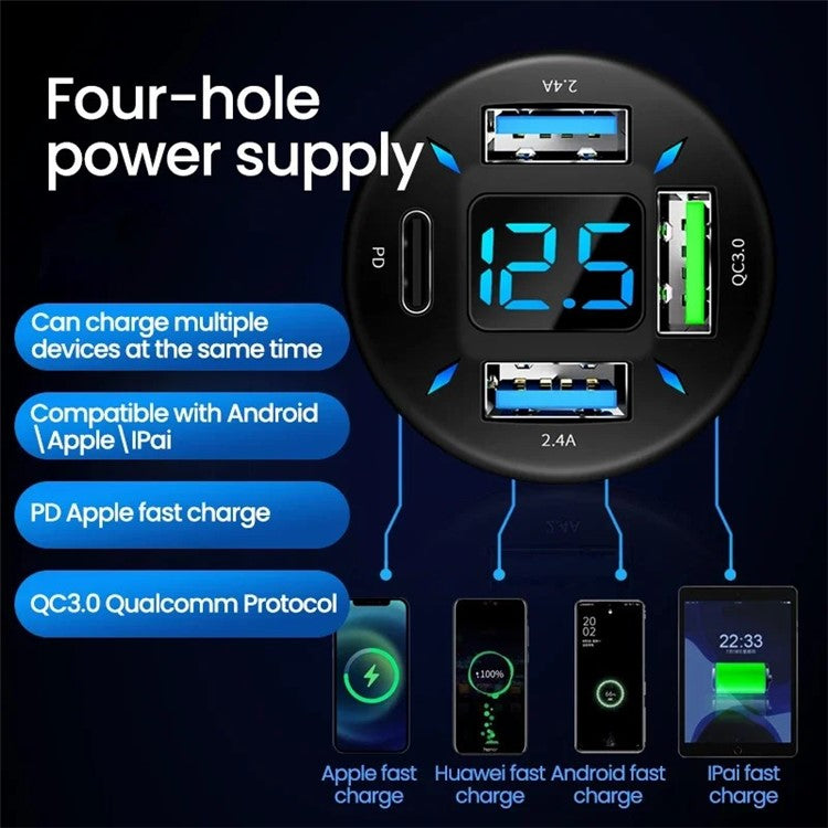 WMY-C177 PD+QC3.0+2.4A Four Port Fast Charging Car Charger for Phone / Camera / Tablet