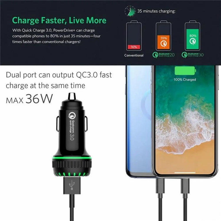 G1S Car Charger 12V-24V Phone Charging Adapter QC 3.0 Dual USB Car Charger