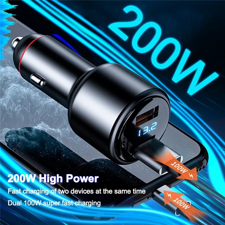 P6J 200W Phone Fast Car Charger Dual USB Phone Charging Adapter 12V-24V Cigarette Lighter Adapter