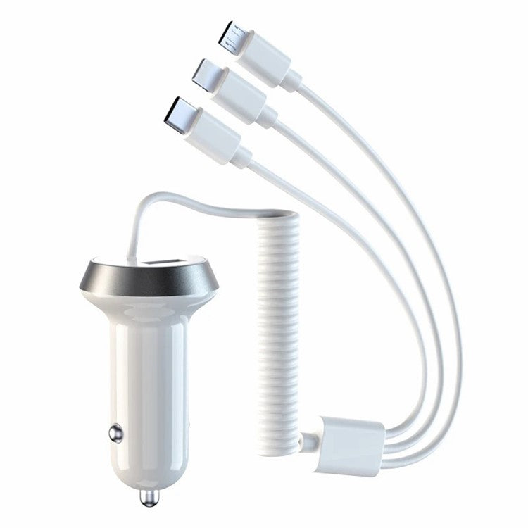 R3XK QC3.0 USB Phone Charging Adapter Digital Display Car Charger with 3-in-1 Spring Cable - White