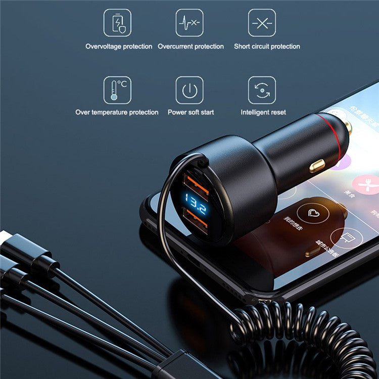 P6X 12V-24V Dual USB Car Cigarette Lighter Fast Phone Charger with iP+Micro+USB-C Cable