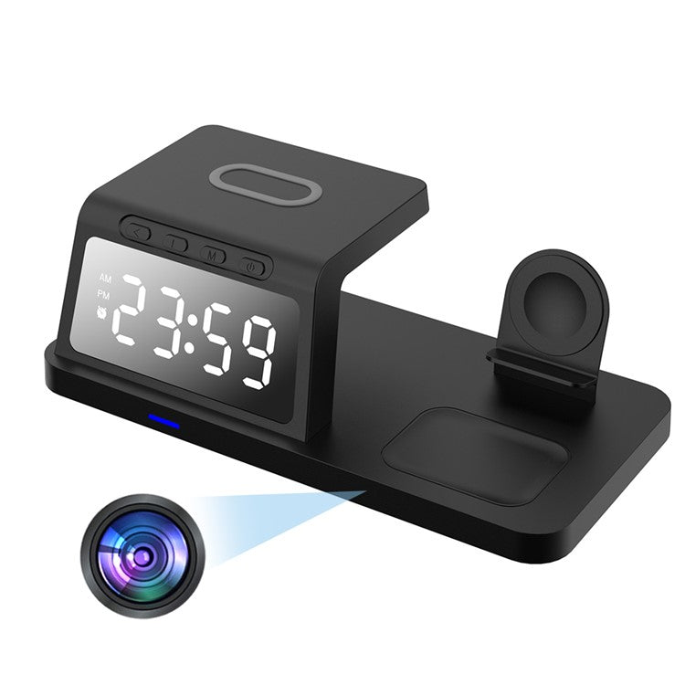 15W Wireless Charger Clock Alarm 4K WiFi Security Camera with Motion Detection - Black