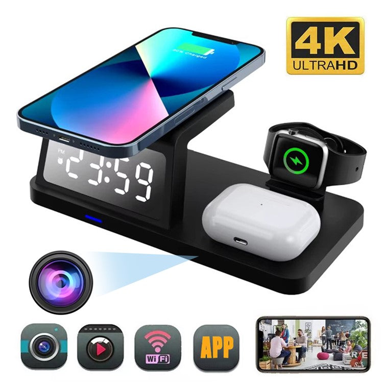 15W Wireless Charger Clock Alarm 4K WiFi Security Camera with Motion Detection - Black