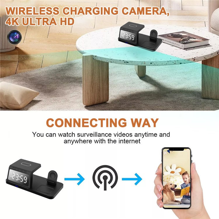 15W Wireless Charger Clock Alarm 4K WiFi Security Camera with Motion Detection - Black