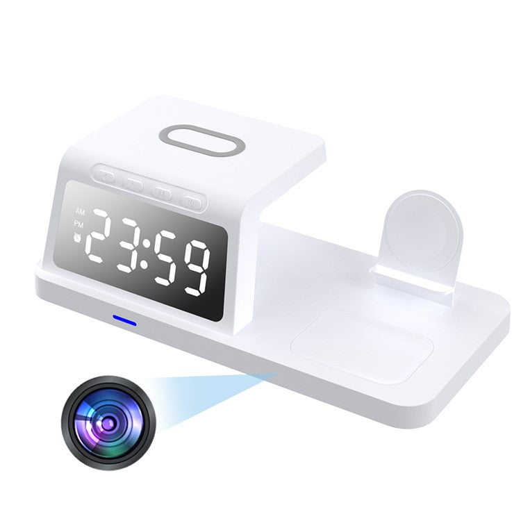 15W Wireless Charger Clock Alarm 4K WiFi Security Camera with Motion Detection - White