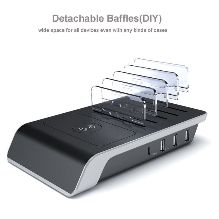 YD09 Multiple Charger Dock Organizer Stand 4 USB Ports Desktop Charging Station QI Wireless Charging Pad