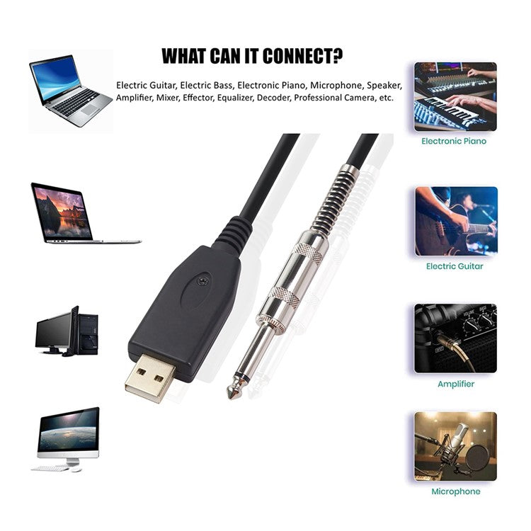 USB Guitar Cable USB 2.0 Interface Male to 1/4 Inch TS(6.35)Jack Connector Cord Electric Guitar Audio Cable US48S [2M]