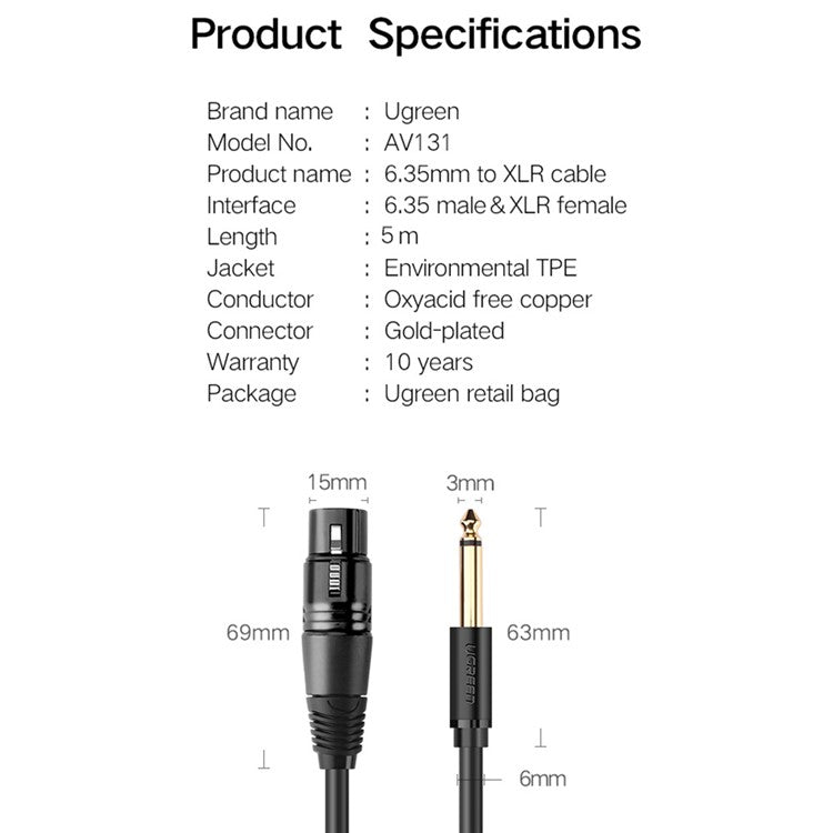 UGREEN 5m Microphone Wire for Speakers Sound Consoles Amplifier 6.35mm TRS to Cannon XLR Audio Cable