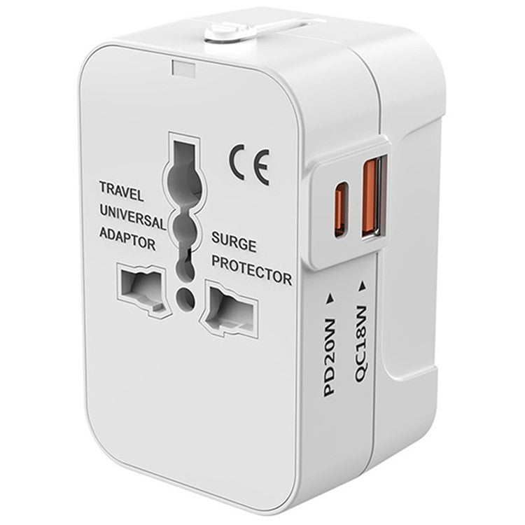 HH202-PD Universal Travel Charge Adapter Wall Plug with PD 20W Type-C + QC 18W USB - White