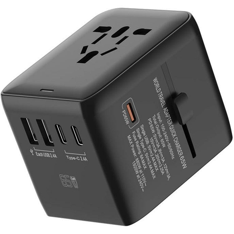 HHT901A Worldwide Travel Charge GaN Adapter Wall Plug PD 65W Fast Charging Plug Converter - Black